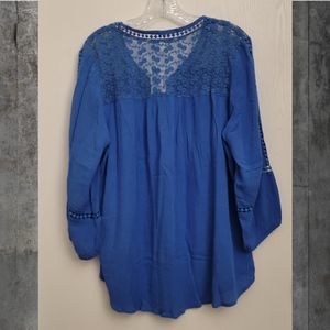 Studio JPR Blouse Cobalt Blue 3/4 Sleeve V Neck Pleated Lace Rayon Boho L New